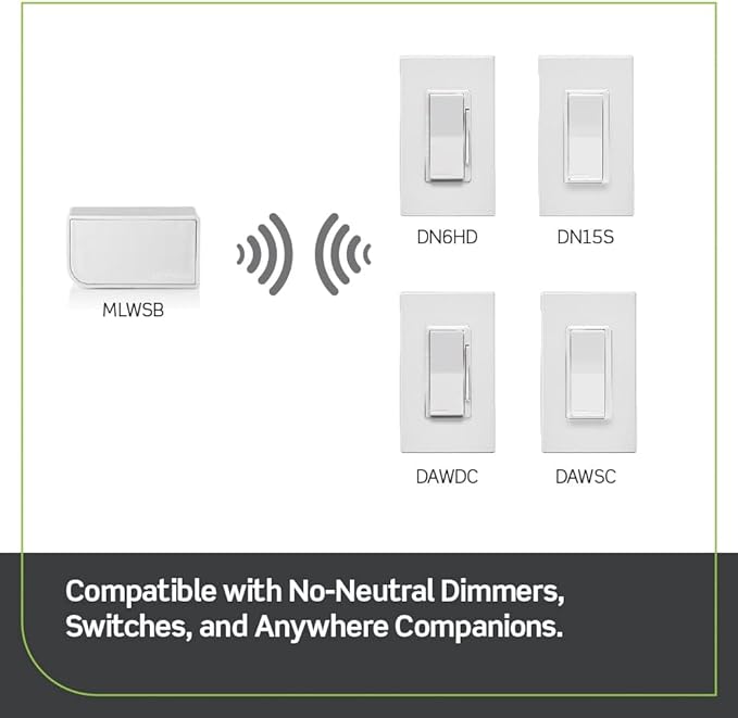 Leviton Wi-Fi Bridge for No-Neutral Decora Smart Dimmers and Switches (DN6HD and DN15S), Works with My Leviton, Alexa, Google Assistant, Apple Home/Siri & Wire-Free 3-Way, MLWSB-1RW, White