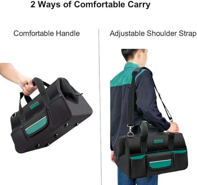 Tool Bag Heavy Duty 16.5-Inch with 16 Pockets Portable Handle Adjustable Shoulder Strap Waterproof Wide Mouth Tools Storage Organizer Carry Tote Box for Craftsman Electrician Mechanic (16.5-Inch)