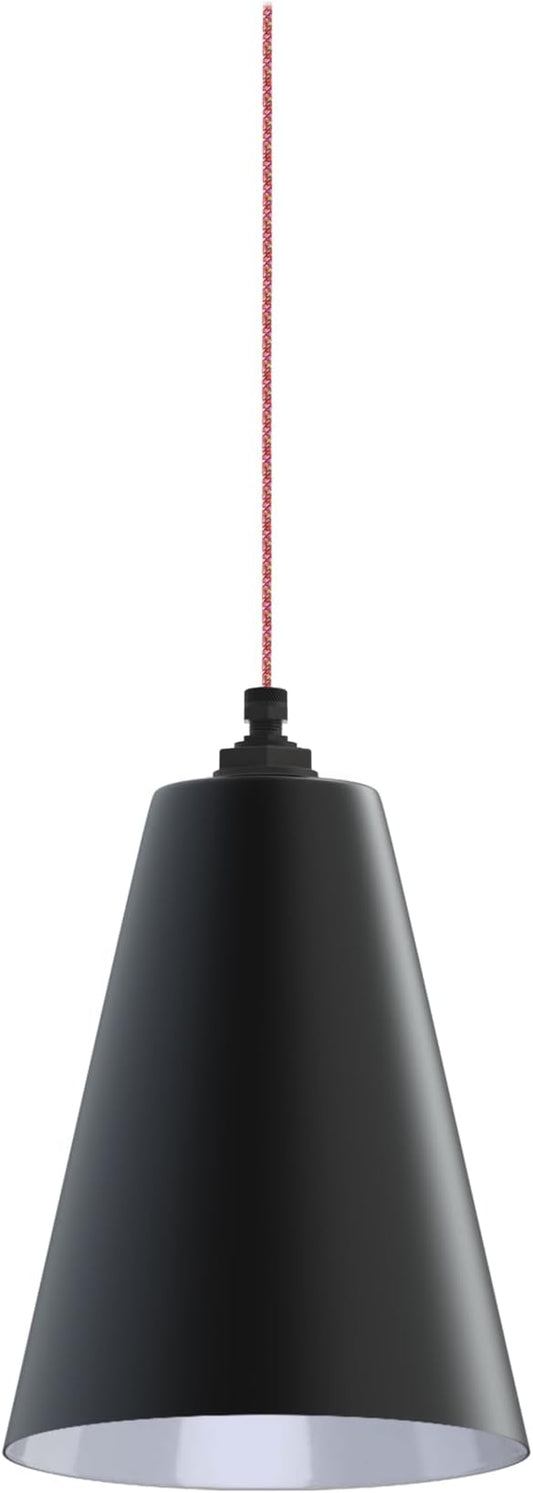 Steel Lighting Co. Laurel Pendant Light | Ceiling Mounted | 8.5 inch Cone Shade | Modern Contemporary Farmhouse Style Made in America | Sprinkles Cloth Cord | Matte Black Exterior/White Interior