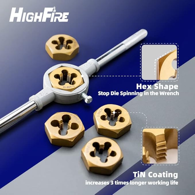 HIGHFIRE 86 pcs Tap and Die Set, SAE and Metric Standard, Large Tap and Die Set with Hex Shape, Titanium Coated Tap and Die Set with Storage Case, All-in-One Tap and Die Set