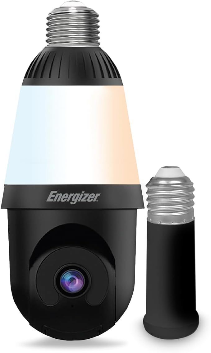 Energizer Smart 2K Light Bulb Security Camera, 1000 Lumens LED Light, 5GHz & 2.4GHz Wi-Fi Outdoor Socket Camera, Auto Tracking, Pan and Tilt, Night Vision, 2-Way Audio, Works with Google Home & Alexa