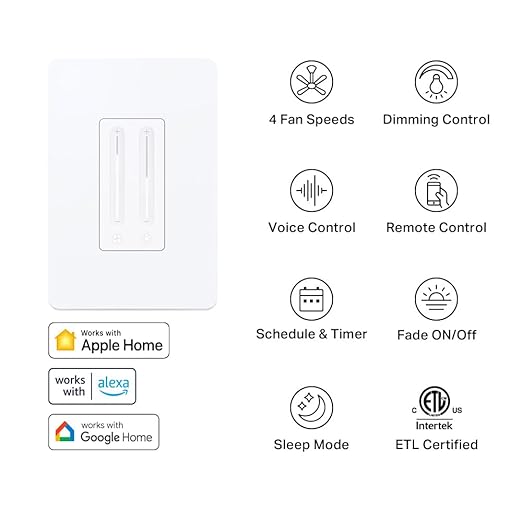 Kasa Smart Ceiling Fan Control & Dimmer Switch | Adjustable 4-Speed Fan & Brightness Control | Works w/Apple HomeKit, Alexa & Google Home | 2.4G Wi-Fi Only, Single Pole, Neutral Wire Required | KS240