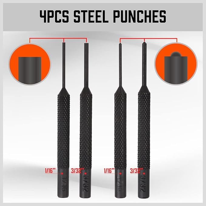 SEDY 22-Pieces Roll Pin Punch Set, Roll Pin Starter Punch, Brass, Steel, Plastic Punches, 4 Heads Hammer & 1 Plastic Tweezers. Red Storage Carrying Case provided