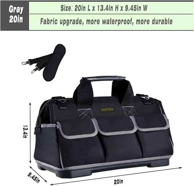 20-inch Wide Mouth Tool Bag with Water Proof Molded Base, Waterproof Tool Organizer Bag for Men with Adjustable Shoulder Strap (20INCH)