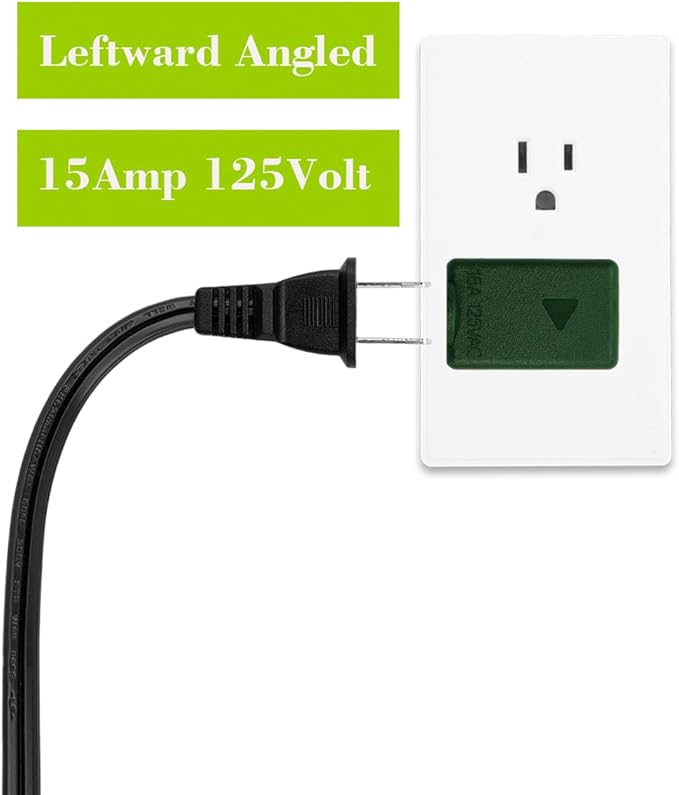 2 Prong 90 Degree AC Adapter, Plugrand NEMA 1-15P to 1-15R Left Angled Adapter, Polarized 2 Prong L Type Adapter, Vertical NEMA 2 Pin Power Adapter, PA-0506G Green Color