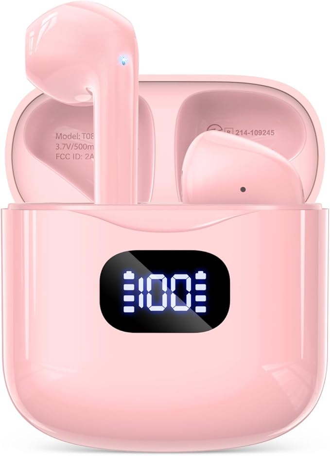 Wireless Earbuds Bluetooth 5.3 Headphones, 40Hrs Playback Stereo Ear Buds with LED Display Charging Case IPX7 Waterproof in-Ear Earphones with Mic for Phone Tablet Laptop Sports, Pink
