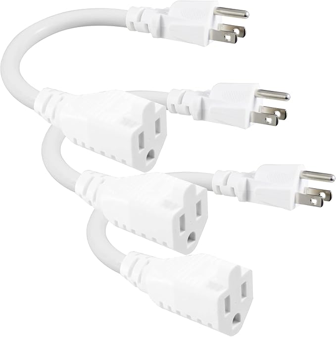 [3 Pack] White Short 3Prong Power Extension Cord - 6inch Mini Indoor Grounded Extension Cord,16AWG Small Electrical AC Extension Cord for Power Strip, 13amp Male to Female Household Extender Cable