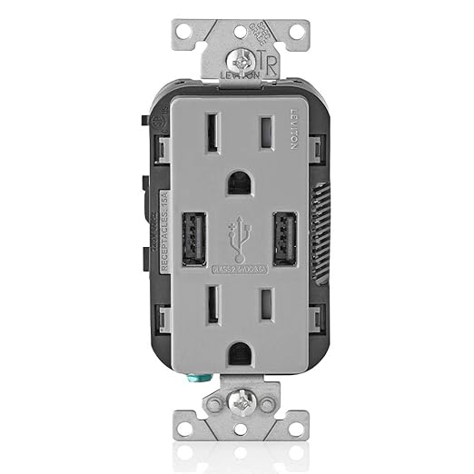 Leviton T5632-G Type-A USB in-Wall Charger with 15A Tamper-Resistant Outlet, USB Charger for Smartphones, Gray