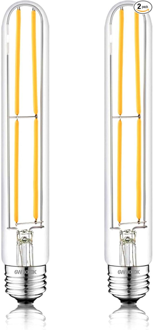 7.3 Inch 3000K Warm White Edison Bulbs Equal 80 Watt, 800LM E26 Led Bulb 6W Dimmable, T10 T9 Long Tubular Clear Glass Light Bulbfor Vanity Pendant Chandeliers Wall Sconces - UL Cert 2Pack