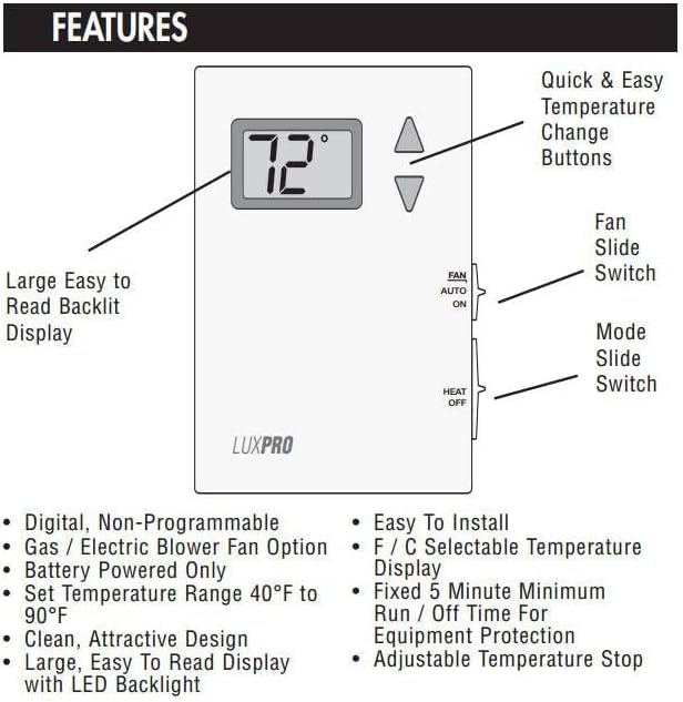Lux Pro PSD010BF Digital Non-Programmable Thermostat for Home, Heat only with Fan