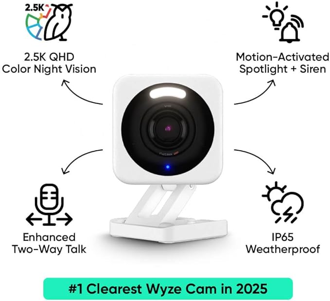 WYZE Cam v4, 2.5K QHD WiFi Indoor/Outdoor Smart Home Security Camera, Pet/Baby Monitor, Motion Activated Spotlight/Siren, Color Night Vision, 2-Way Audio, Works with Alexa & Google, Free Expert Help