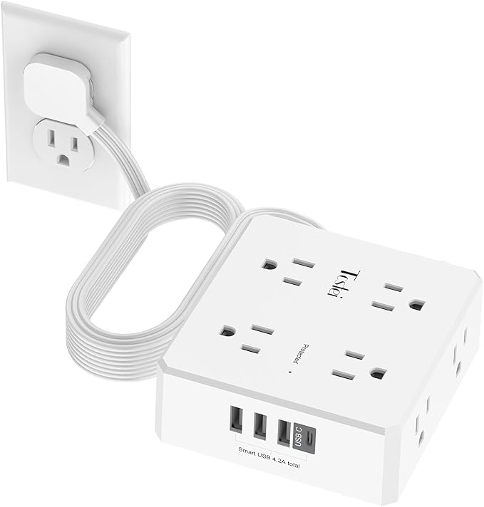 15 Ft Flat Extension Cord, Tcstei Ultra-Thin Flat Plug Surge Protector Power Strip, 3-Sided Outlet Extender, 8 AC Outlets and 4 USB Ports(1 USB C) for Home, Office, Dorm Room Essentials, ETL, White