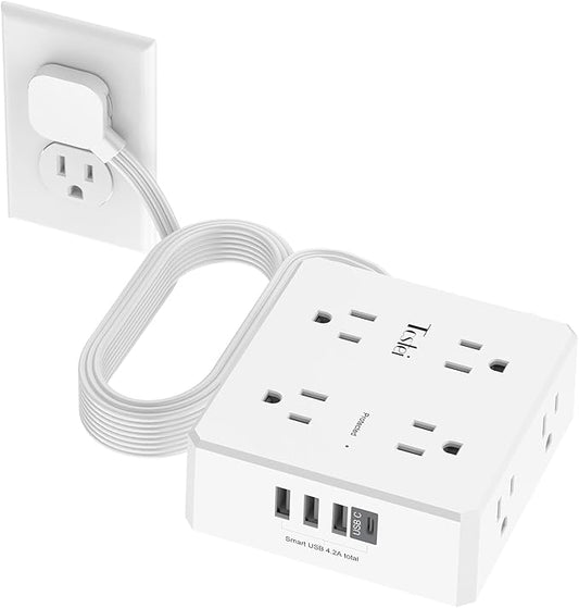 15 Ft Flat Extension Cord, Tcstei Ultra-Thin Flat Plug Surge Protector Power Strip, 3-Sided Outlet Extender, 8 AC Outlets and 4 USB Ports(1 USB C) for Home, Office, Dorm Room Essentials, ETL, White