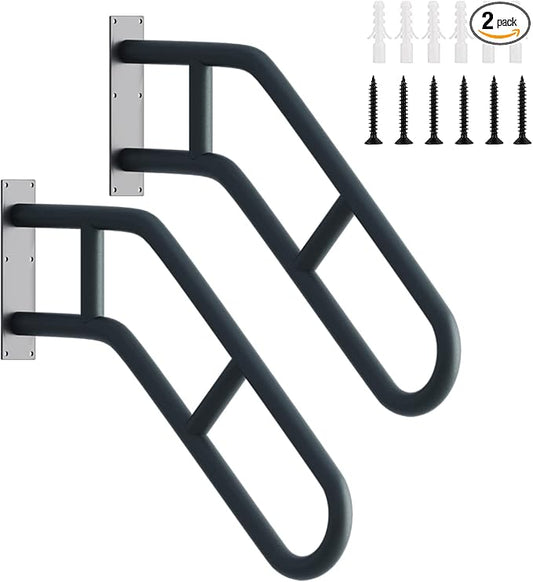2 Pack Hand Railings for Stairs Outdoor, 27" Stair Handrails with Black Matte Finish and 2 Anti-Skid Bar, Wall Mounted Safety Grab Bars for Garage, Porch, Garden, Indoor, 1-3 Steps