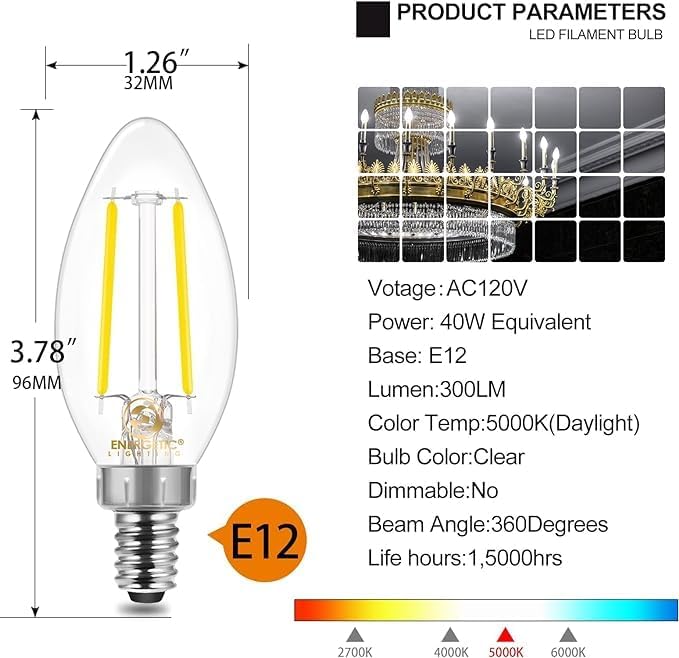 Energetic E12 B10 LED Classic Candelabra Clear Light Bulb, 40 Watt Equivalent, Daylight 5000K, Filament Clear Glass, Non-Dimmable, UL Listed Pack of 6