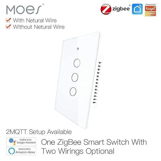 MOES ZigBee Smart Touch Wall Light Switch,Requires Tuya ZigBee Hub,No Neutral Wire/N+L Wiring,No Capacitor,Smart Life Tuya 2/3 Way Remote Control, Work with Alexa Google Home, 2MQTT,3 Gang White