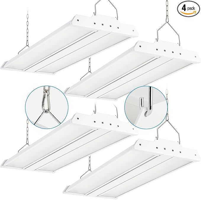 4-Pack High Bay LED Shop Lights 200W 2FT 28000LM, 200W/150W/100W Selectable, 4000K/5000K Adjustable, 100-277V, Linear High Bay Lights for Warehouse Workshop Supermarket Stadium, ETL Listed