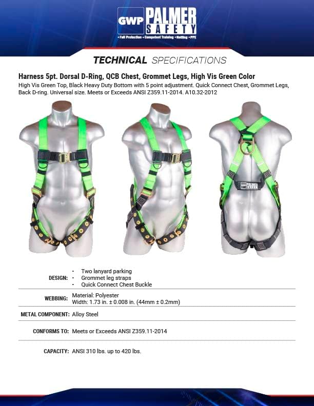 Palmer Safety Construction Harness 5 Point Adjustment, Back D-Ring, Grommet Legs, Multiple Styles I OSHA ANSI Compliant