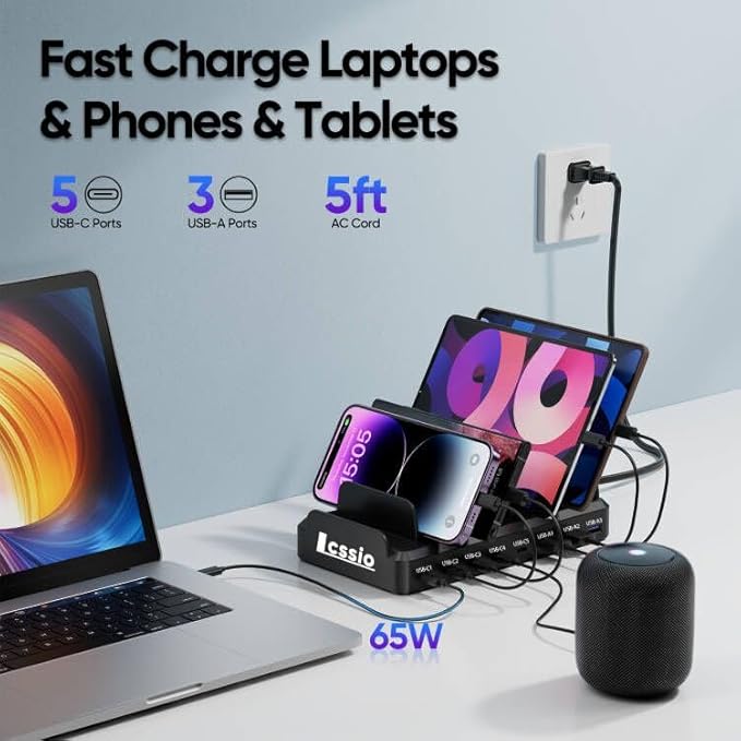 300W Charging Station for Multiple Devices, 8 Port Multi USB C Fast Charger Station Dock for MacBook iPhone 16/15/14/13/12 Samsung Pixel Series iPad, Black (6 Mixed Short Cables Included)
