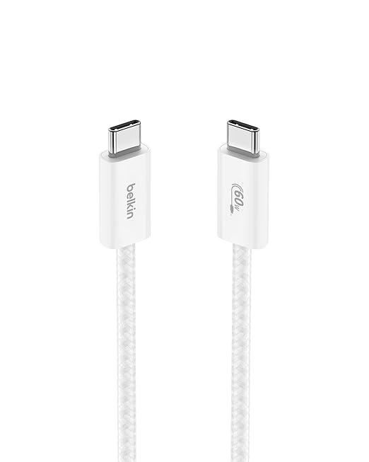 Belkin USB C to USB C Cable, 3.3ft, 60W - Type C Charger, iPhone Charger Cord, Soft, Braided, Flexible for iPhone 16, Galaxy S25, Pixel 9, Airpods, iPad Pro, Tablet & More, Travel Essentials - White
