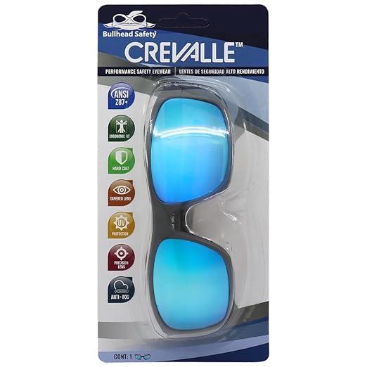 Bullhead Safety Crevalle Safety Glasses, Anti-Fog and Scratch Resistant, Precision Lens with UV Protection, Comfortable and Lightweight, Blue Mirror Lens and Matte Gray Full-Frame, One Size