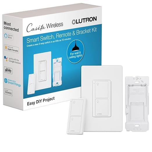 Lutron Caseta Smart Switch 3-Way Kit, with Pico Remote, Wallplate, Wall Bracket for LED Lights and Fans, 5 Amp, Neutral Required, P-PKG1WS-WH