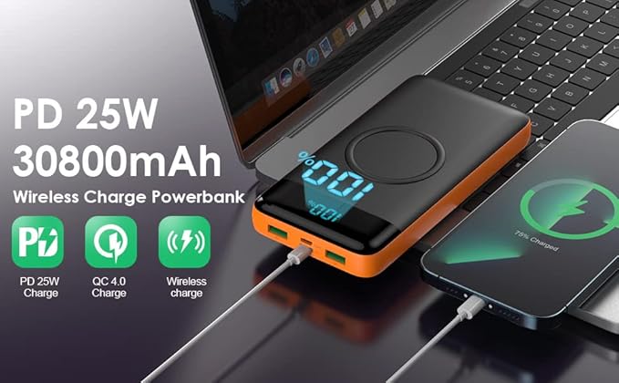Wireless Portable Charger 30800mAh 15W Wireless Charging 25W PD QC4.0 Fast Charging Smart LED Display USB C Power Bank 4 Output and 2 Input External Battery Pack Compatible with iPhone Samsung-Orange