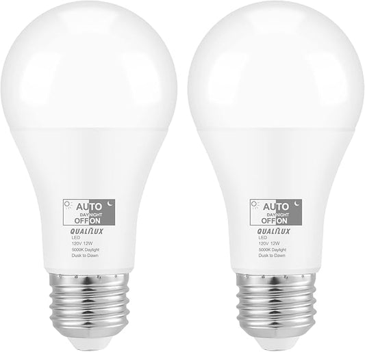 Dusk to Dawn Light Bulbs 1000 Lumen, Daylight, LED 12W, A19 E26, 2-Pack, HQ-H023