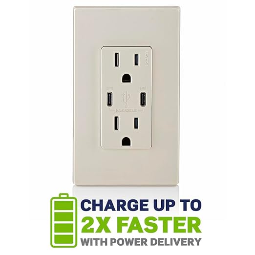 Leviton T5635-T 30W (6A) USB Dual Type-C/C Power Delivery In-Wall Charger with 15A Tamper-Resistant Outlet, USB Charger for Smartphones, Tablets, Laptops, Light Almond