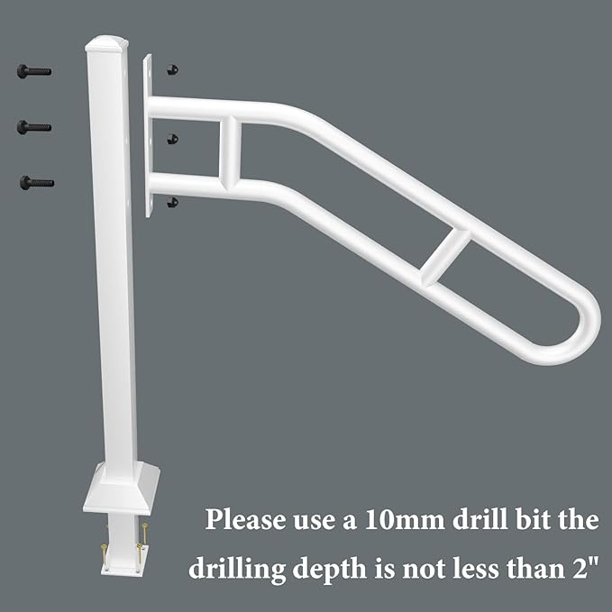 Upgraded Single Post Handrail, White Bent Wrought Iron Handrails for Outdoor 1-3 Steps, Metal Freestanding Porch Railing, Floor Mounted Stair Rails with 2 Anti-Skid Crossbar for Garage, 32"L x 35.8" H