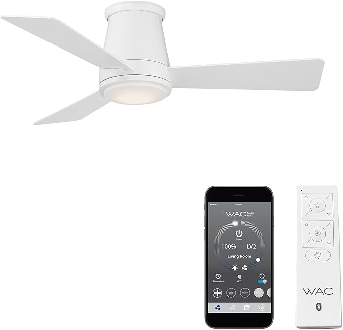 WAC Smart Fans Hug Indoor and Outdoor 3-Blade Flush Mount Smart Home Ceiling Fan 44in Matte White with 3000K LED Light Kit and Remote Control works with Alexa and iOS or Android App