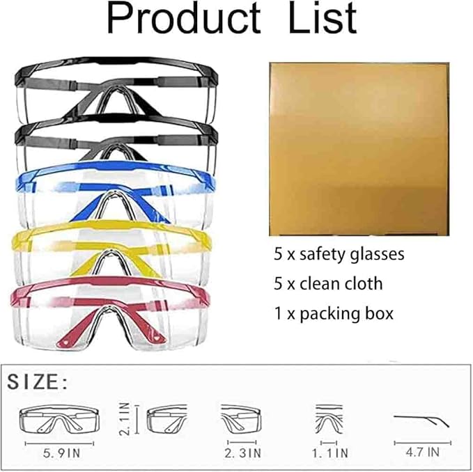5 PACK Safety Glasses Goggles, Men Women Anti-fog Wide Vision Safety Goggles Eye Protection, Z87 UV 400 Blocking Eyewear Adjustable Temples Eye Shied for Lab,Yard work, Gardening, Lawn mowing