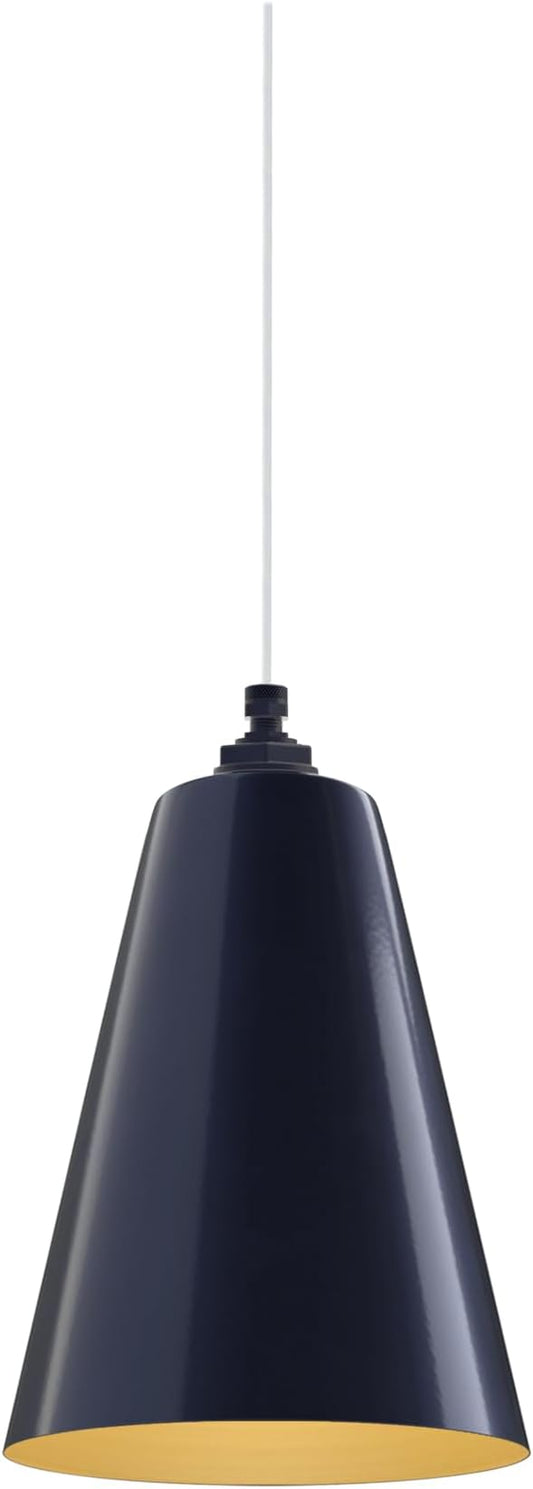 Steel Lighting Co. Laurel Pendant Light | Ceiling Mounted | 8.5 inch Cone Shade | Modern Contemporary Farmhouse Style Made in America | White Cloth Cord | Navy Blue Exterior/Brass Interior