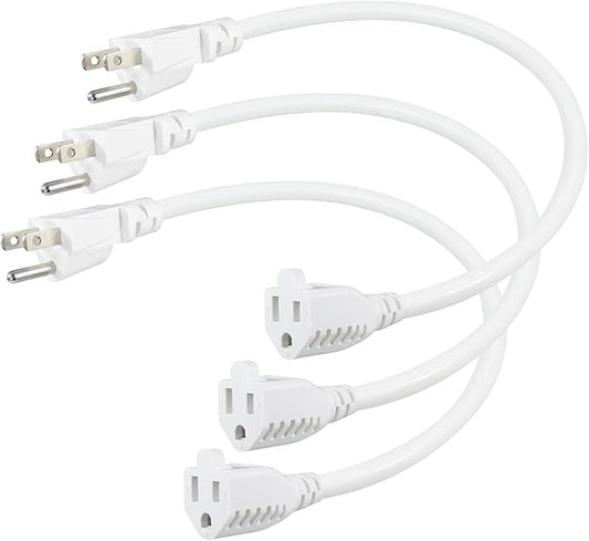 SPARKING 1 Foot Short Extension Cord - 12in White AC Mini Indoor 3 Prong Extension Cord,Single Outlet Saver Electrical 16AWG 125V 13Amp Small Short Grounded Appliance Power Extension Cord [3 Pack]