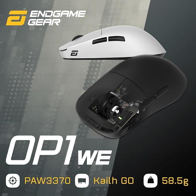 ENDGAME GEAR OP1we Wireless Gaming Mouse, CompX CX52850 Microcontroller, Pixart PAW3370 Optical Sensor, Mod-Friendly, Hybrid Skate Design, Claw Grip, 2.1 oz, White