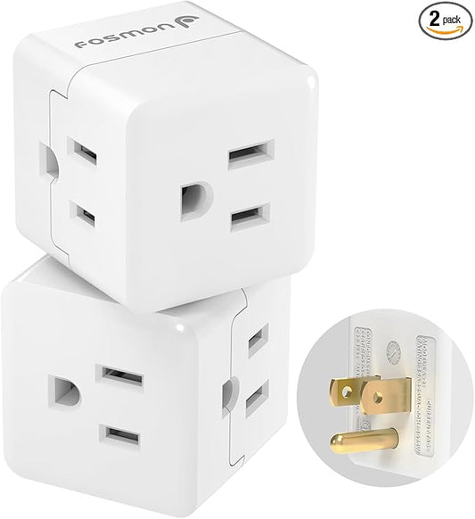 Fosmon 3 Outlet Wall Adapter Cube Tap, 90 Degree Wall Tap Triple Power Adapter, Outlet Splitter 3 Prong, Multi Plug Outlet, 3 Way Plug Adapter, Outlet Extender for Home or Travel, ETL Listed- 2PACK