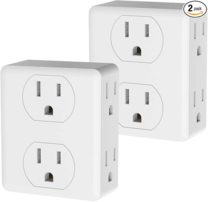 Outlet Extender, HICITY Multi Plug Outlet with 6 Electrical Outlets Adapter, 3-Prong Wall Outlet Tap for Cruise Ship Home Office Dorm, White (2 Pack)