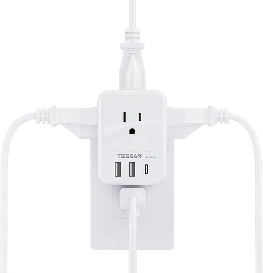USB Charger Block, TESSAN Outlet Extender Surge Protector with USB C, 4 AC Multi Plug Wall Outlet Splitter 1875W, Electrical Plug Expander for Home Office Dorm Room Essentials, White