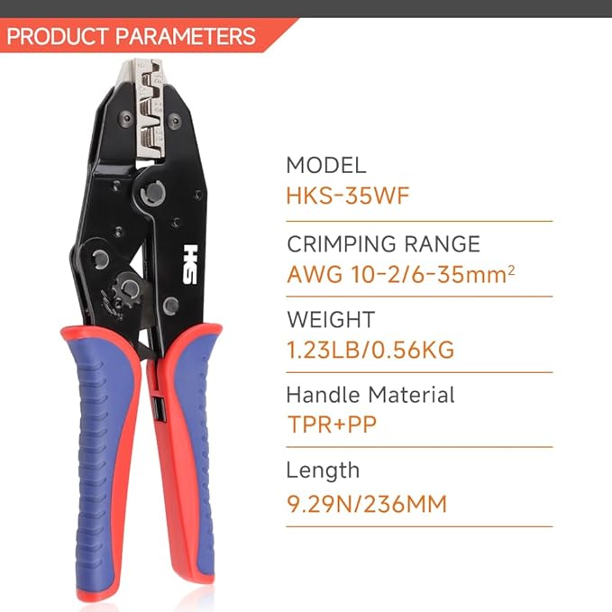 HKS Crimping Tool for Sleeves Ferrule Terminals & Pin Cord End- Ratcheting Wire Crimpers - AWG 10-2 (6-35mm²) - Ratchet Terminal Crimper - Electrical Crimping Tool