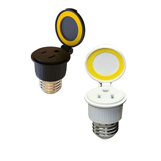 E26/E27 Waterproof Light Bulb to Socket Adapter, 3 Prong Light Socket to Plug Adapter, Flip Top Polarized Light Bulb Outlet Socket Adapter, Plug-in Light Socket Converter, (1 Black, 1 White)