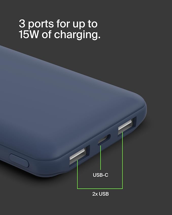 Belkin Portable Charger, USB C Power Bank 10000 mAh w/ 2xUSB-A Ports, 15W w/ Type-C to Type-A Cable - iPhone 17, Air, Pro, Pro Max, Samsung Galaxy S25, Nintendo Switch 2, Google Pixel 10, etc. - Blue