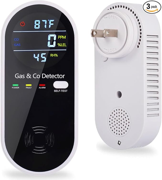 Carbon Monoxide and Gas Detectors, Plug in Carbon Monoxide Detector & Natural Gas Combination Detectors with Clear LCD Display, 4-in-1 CO & Gas Detector with Temperature and Humidity Display