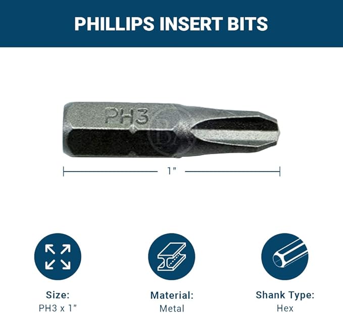 Benchmark Abrasives 1/4 Inch Hex Anti Slip Phillips Insert Screw Head Screwdriver Bits, Rotary Drill Bits for Repairing Electronics, Automotive Parts, Furniture (50 Pack) - (PH3 x 1")