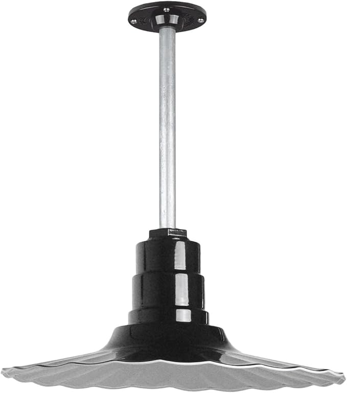 Steel Lighting Co. Eagle Rock Pendant | Ceiling Mounted Light | 16 inch Radial Wave | 12 inch Stem | Heavy Duty Steel Retro Farmhouse Style Made in America | Black Exterior/White Interior