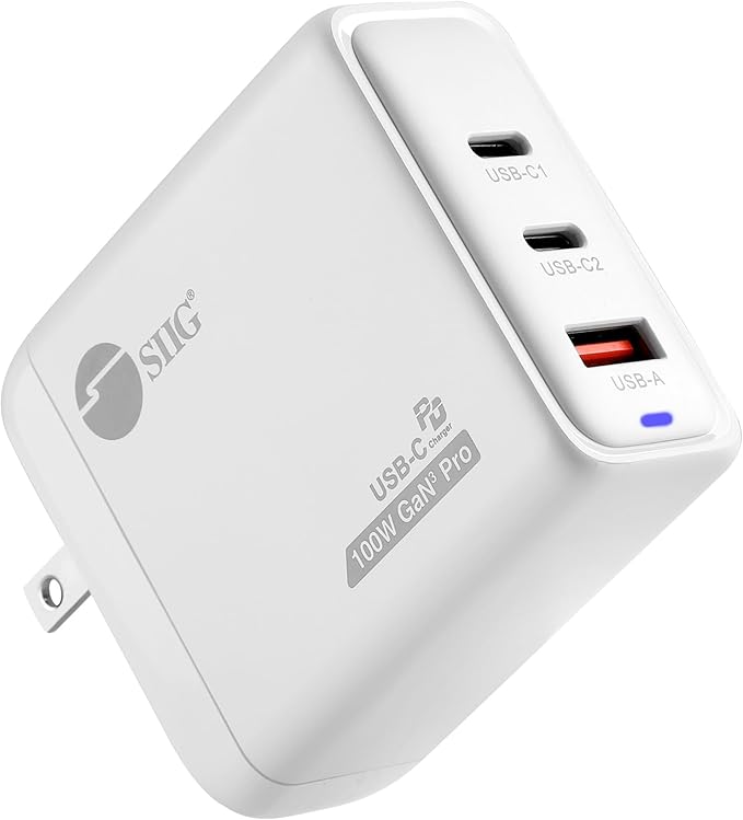 SIIG 100W USB C Charger, 3-Port GaN 3 Pro Fast Wall Charger, 2 USB-C PD 3.0, 1 USB-A QC 3.0 Ports, Compact Foldable Plug, ETL Certified, for MacBook, iPhone, Samsung Galaxy, and More (AC-PW1Z11-S1)