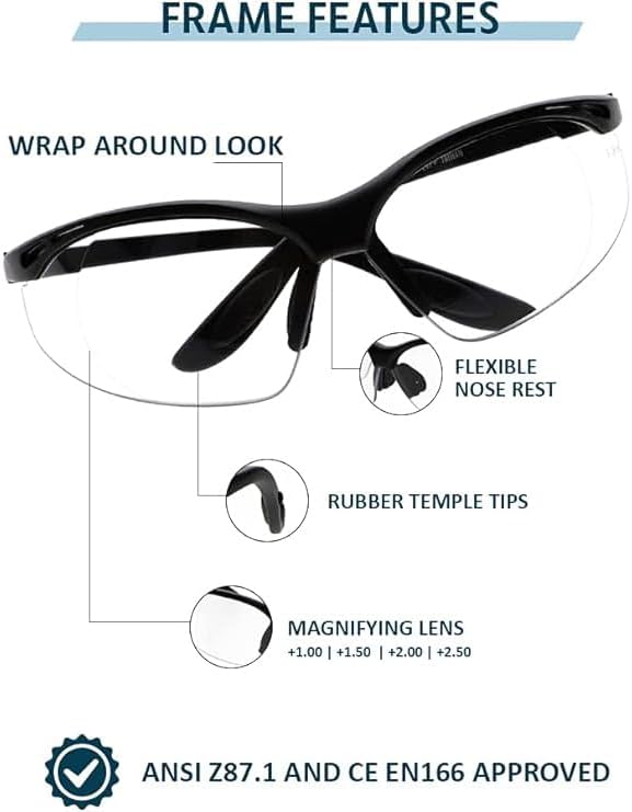 Safety Reading Glasses in Black Frame With Clear Lens - Full Lens Magnifying Safety Glasses - Comfortable Fit - Anti-Fog