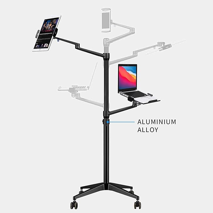 Triple arm Height Adjustable Stand Mount with Rolling Wheel for Laptop(11-17 inch) and Compatible with ipad iPad pro 12.9 inch/Tablet/Ereader (Black)