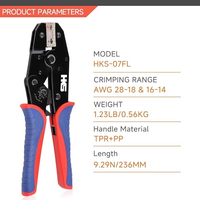HKS Crimping Tool for Insulated Flag Terminals - Ratcheting Wire Crimpers - AWG 22-14 (0.5-2.5mm²) - Ratchet Terminal Crimper - Electrical Crimping Tool