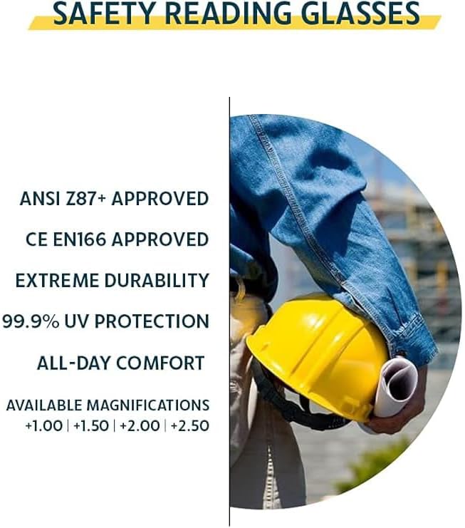 Safety Reading Glasses in Black Frame With Clear Lens - Full Lens Magnifying Safety Glasses - Comfortable Fit - Anti-Fog