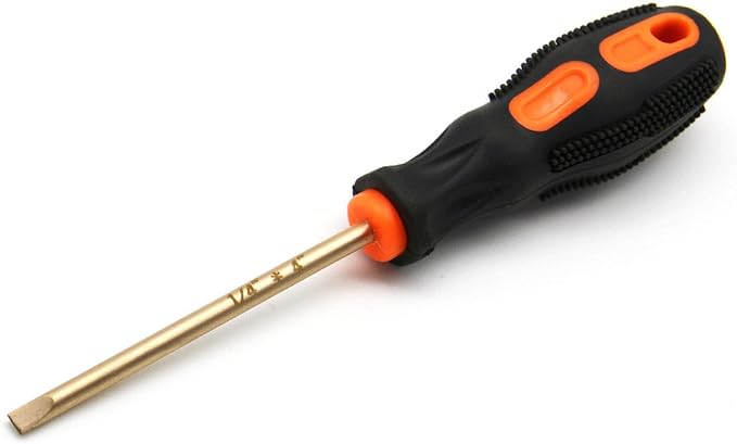 Non-Sparking 1/4 Inch (6mm) Flat Slotted Screwdriver, Beryllium Bronze Copper Non Spark, 4 Inch (100mm) Working Length, 8-1/2 inch Length, Spark Free Safety, non-magnetic, corrosion-resistant